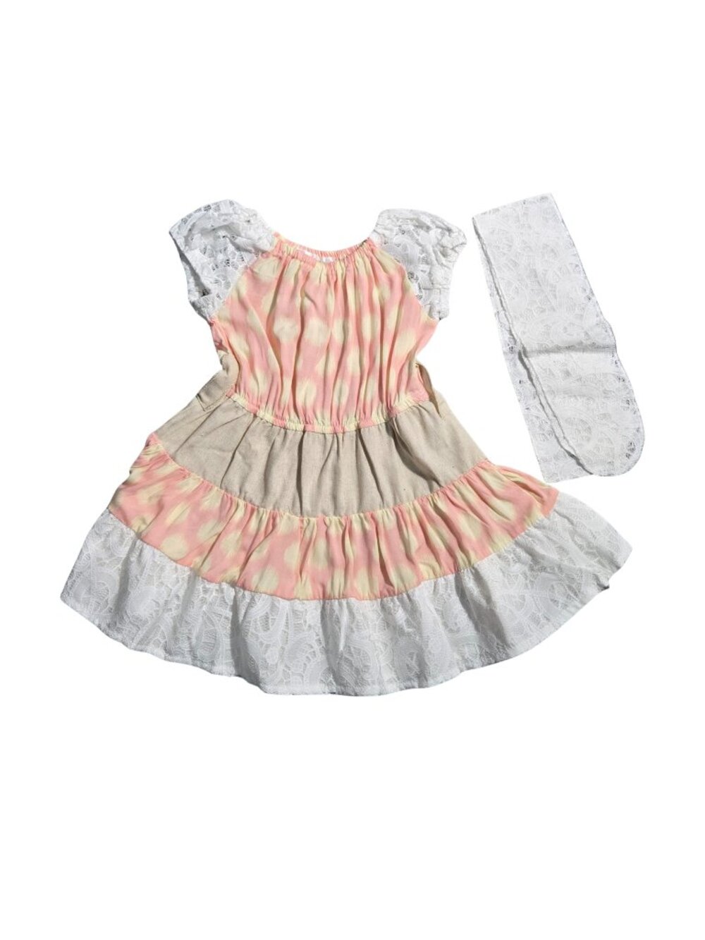 NWOT | Star Vixen Pink & Yellow Tiered Dress | White Lace Belt | Size 24M